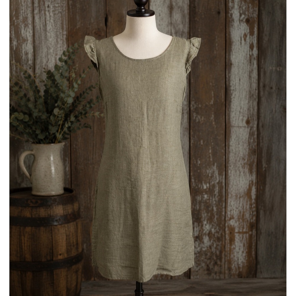 Lina Tomei Italian Linen Dress Olive Green Flutter Sleeve Cottagecore Boho Small